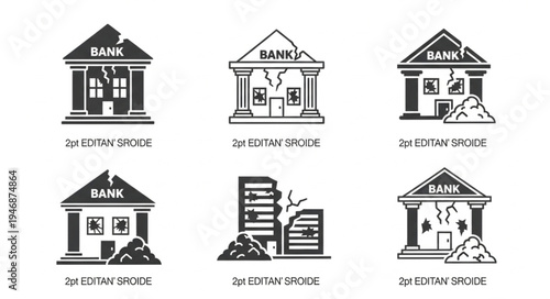Illustrations of Collapsed Banks and Damaged Buildings Representing Financial Crisis.