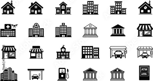 Black and White Urban Infrastructure Icon Set Featuring Hospital Shopping Mall School Gas Station Factory and Government Buildings in Minimalist Vector Silhouette Style for City PlanningBlack  