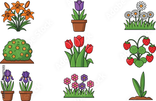 Cute Garden Plants and Flowers Cartoon Set with Tulips Daisies Iris Strawberry Bush Potted Plants Nature Collection Vector Illustration