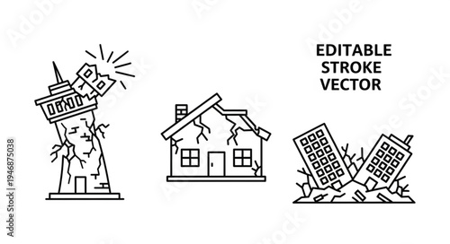 Earthquake Damage - Collapsed Building, House, and Skyscraper Vector Icons.