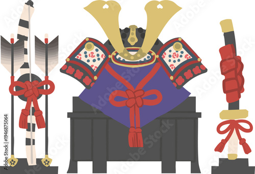 端午の節句の兜飾り（弓太刀付き）五月人形のフラットベクターイラスト こどもの日