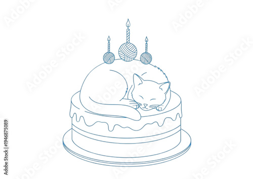 Cute cat sleeping on a birthday cake with candles, line drawing illustration