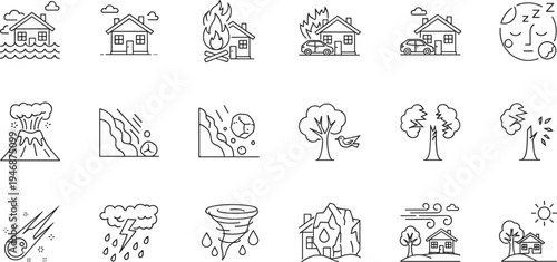 Natural Disaster and Environmental Hazard Line Icon Set with Flood Fire Earthquake Tornado Volcano Storm and Landslide Warning Symbols Vector