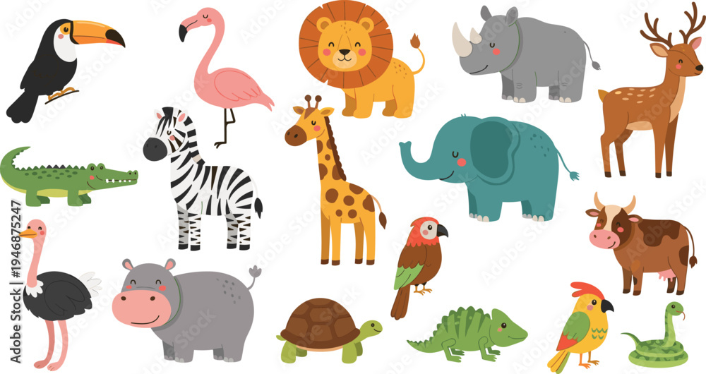 Obraz premium Cute Wild Safari Animal Cartoon Set with Lion Elephant Zebra Giraffe Crocodile Rhino Deer Hippo Birds and Reptiles Vector Illustration Collection