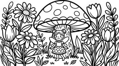 Cute fairy girl standing under large spotted mushroom surrounded by flowers and leaves black line art vector