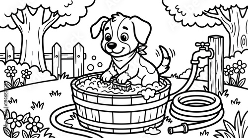 Cute smiling puppy washing with brush in wooden tub with soap bubbles in garden backyard scene outdoors