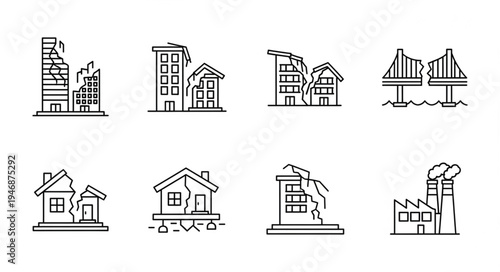 Damaged Buildings and Infrastructure Icons Representing Natural Disasters.
