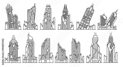 Ruined Cityscape - A Collection of Damaged Buildings in Black and White.