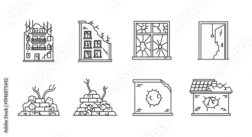 Set of Damaged Building Elements in Pixel Art Style.