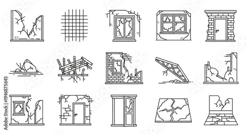 Collection of Damaged Structures and Ruins in Sketch Style.