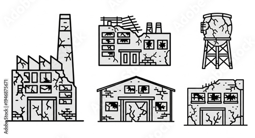 Vector illustration of ruined industrial buildings after a disaster.