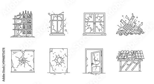 Damaged building and windows after destruction, sketch illustration.