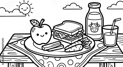 Cute black and white line art vector of smiling apple carrot sandwich bottle and glass on polka dot cloth and wooden table with happy sun and clouds