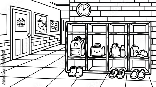 Black and white line art school hallway with cubbies backpacks lunchbox shoes clock and window view