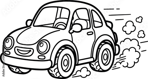 Cartoon style smiling car speeding forward with motion lines and smoke puffs in playful black and white outline vector