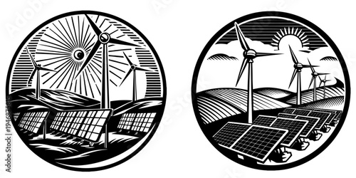 Sustainable Renewable Energy Concept Vector Set with Solar Panels Wind Turbines and Green City Infrastructure