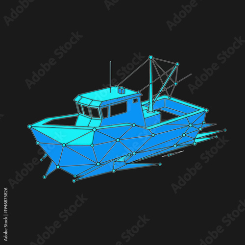 Blue 3D Wireframe Fishing Boat Model.