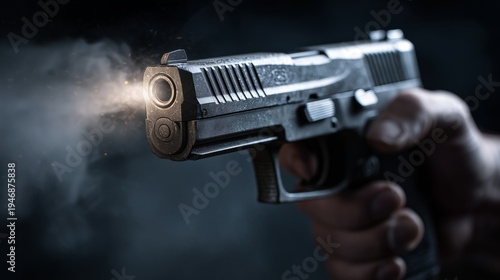 cinematic close up handgun firing in hand dramatic studio action moment