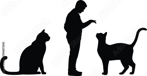 Cat training silhouette illustration, pet owner giving command to domestic feline isolated on white background animal behavior vector design