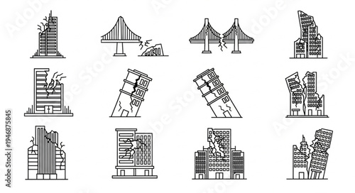 Earthquake Damage Icons - Collapsed Buildings and Infrastructure.