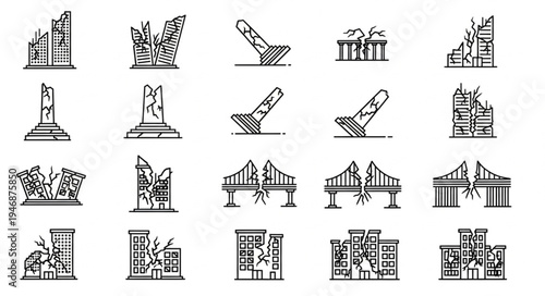 Collection of Damaged Buildings and Infrastructure Icons.