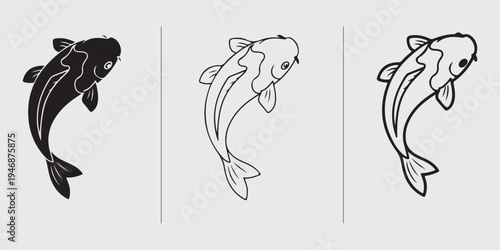 Minimalist koi fish silhouettes three variations black white vector illustrations set