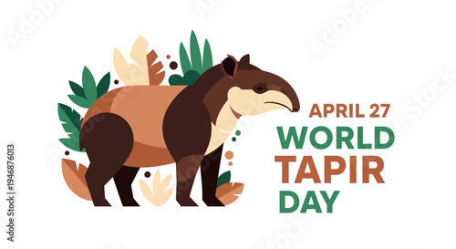 World Tapir Day illustration with tapir and plants isolated on transparent background