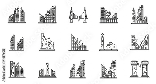Collection of Damaged Buildings and Structures in Vector Format.