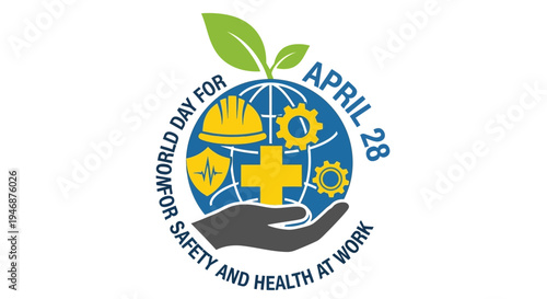 World Day for Safety and Health at Work logo with globe, hand, and safety symbols isolated on transparent background