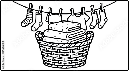 Detailed black and white line art of laundry basket stacked with folded towels and socks shirts hanging on clothesline vector illustration