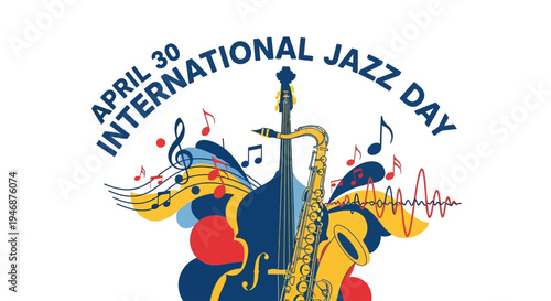 International Jazz Day logo with saxophone and music notes isolated on transparent background