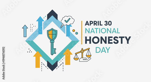 National Honesty Day logo with key, shield, and scales isolated on transparent background