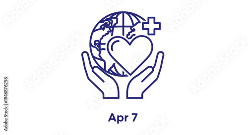 Global Health Care Icon with Hands, Heart, and Globe - Line Art Style, Isolated on Transparent Background