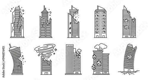 Collection of Damaged Buildings and Skyscrapers in Black and White.