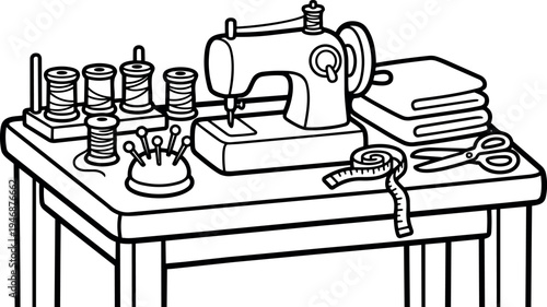 Black and white line art sewing machine with multiple spools thread measuring tape scissors and folded fabric on wooden table