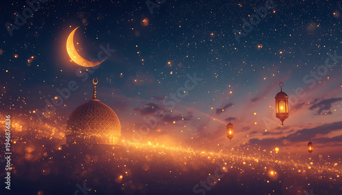Ramadan Kareem greeting card with golden lanterns and crescent moon