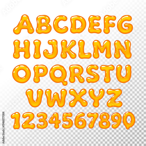 Honey vector alphabet and numbers set. Creative yellow letter set.