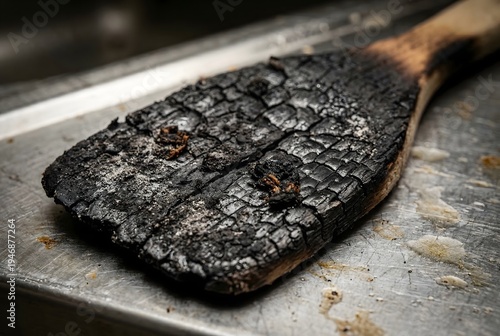 Macro close-up of a severely scorched and carbonized wooden cooking spatula