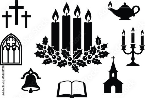 Christmas advent wreath with candles, holy bible, church bell, cross, stained glass window, oil lamp, and religious icons vector silhouette collection.