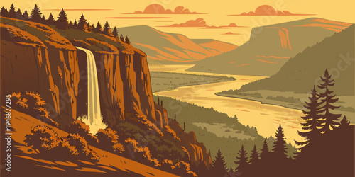 USA, US, U.S, United States - Columbia River Gorge dramatic cliffs waterfall sunset panorama scenic gorge landscape
