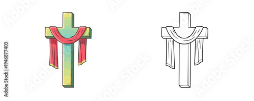 Easter cross cartoon illustration with red shroud in green and red colors representing religious holiday celebration on white background for coloring