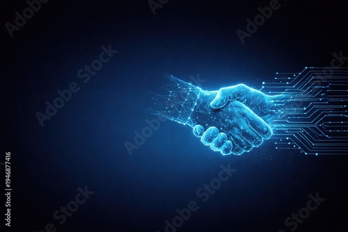 Digital human and artificial intelligence handshake representing AI collaboration and technology partnership