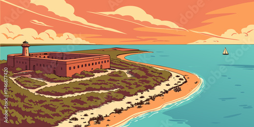 USA, US, U.S, United States - Dry Tortugas National Park tropical island fortress sunset panorama turquoise ocean scenery

