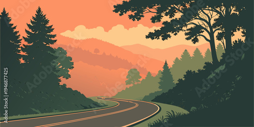 USA, US, U.S, United States - Blue Ridge Parkway winding mountain road sunrise panorama misty forest landscape
