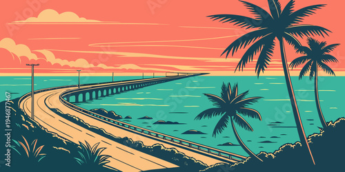 USA, US, U.S, United States - Overseas Highway tropical ocean bridge sunset panorama turquoise water road trip
