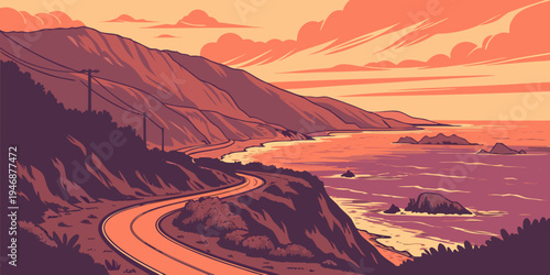USA, US, U.S, United States - Pacific Coast Highway dramatic coastal road sunset panorama ocean cliffs landscape
