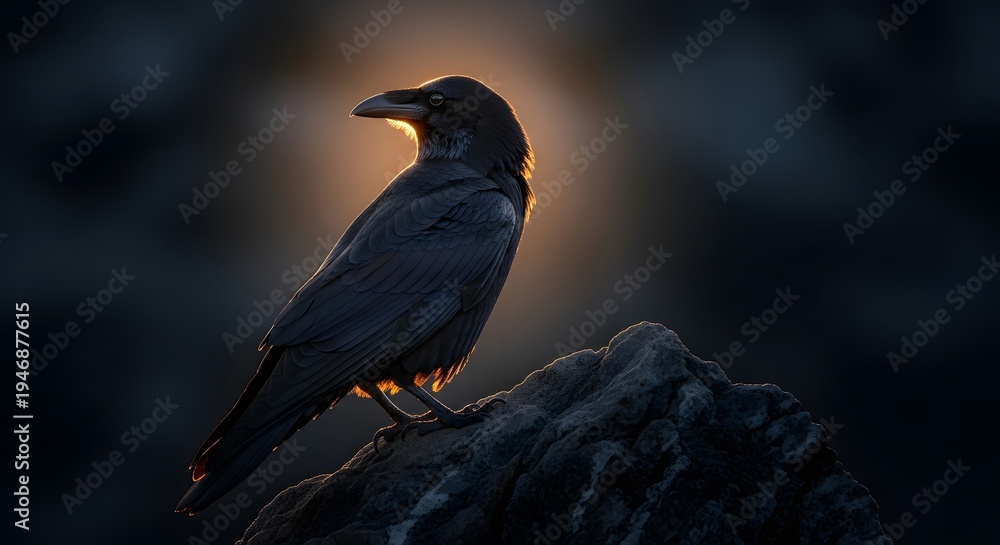Fototapeta premium A black bird sitting on a rock in front of a light