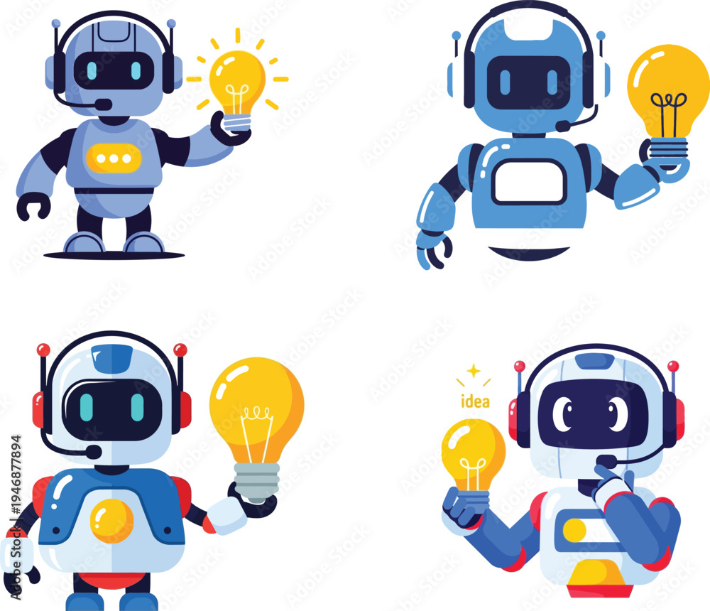 Fototapeta premium Four robots with lightbulbs