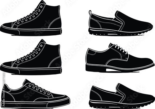 Collection of black footwear silhouettes including sneakers high top boots and formal dress shoes isolated on white background for fashion and retail design.