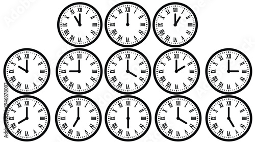 A collection of classic analog clock faces with Roman numerals. This vector set shows various times, perfect for concepts like time management, schedules, and deadlines. Minimalist.